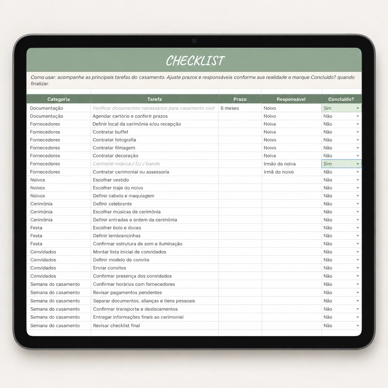 Checklist de Casamento no Tablet