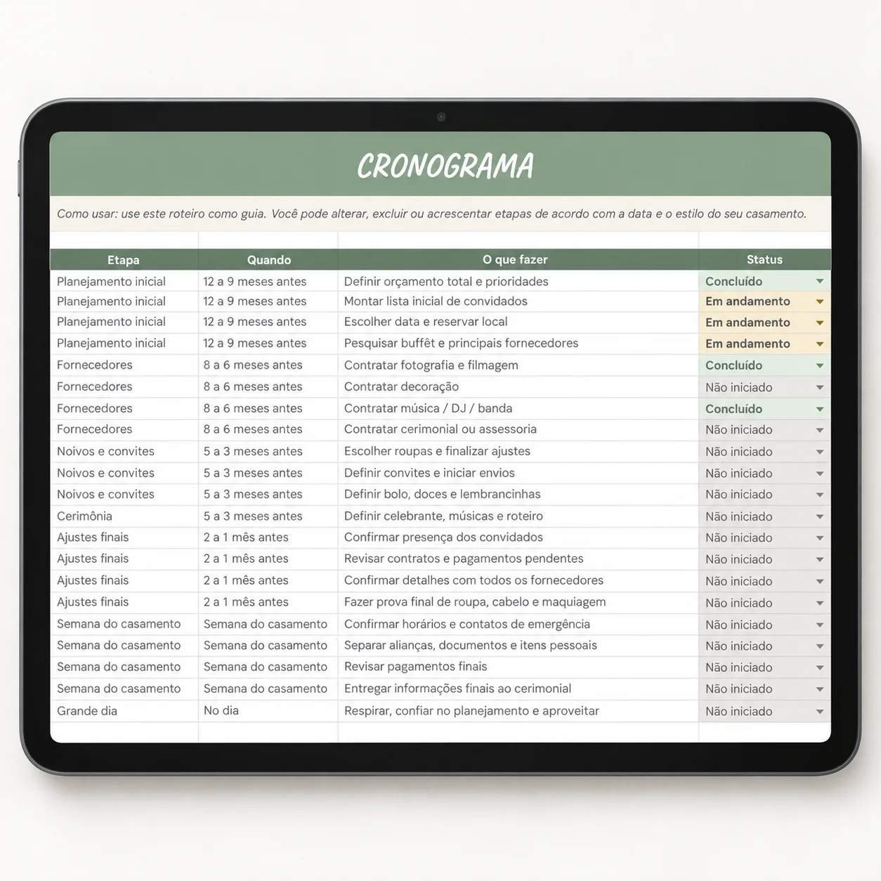Cronograma de Casamento no Tablet