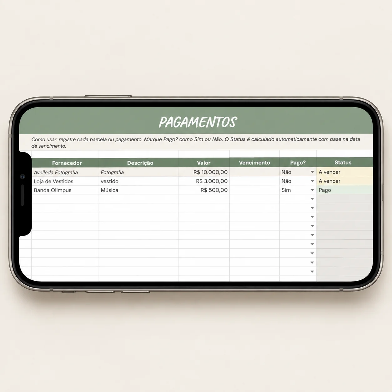 Planilha de Pagamentos no Smartphone
